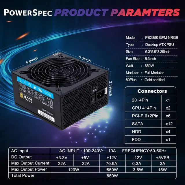 Alt view image 2 of 7 - PowerSpec 850 Watt 80 Plus Gold Fully Modular ATX Power Supply Active PFC SLI Crossfire Ready Gaming PC PSU Computer Switching Power Supply, PSX 850GFM NRGB
