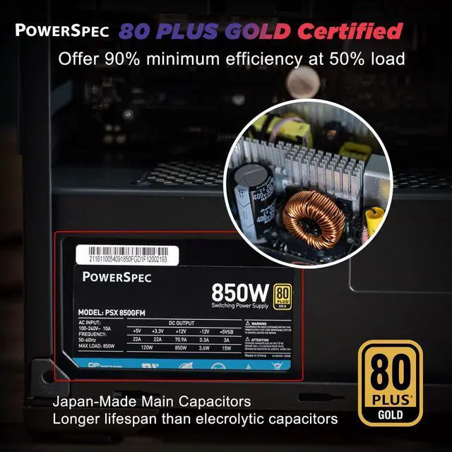 Alt view image 3 of 7 - PowerSpec 850 Watt 80 Plus Gold Fully Modular ATX Power Supply Active PFC SLI Crossfire Ready Gaming PC PSU Computer Switching Power Supply, PSX 850GFM NRGB