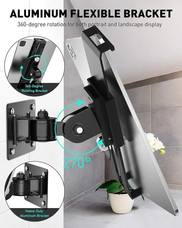 Alt view image 4 of 7 - Tablet Wall Mount - Fits 7 to 11 Inch Tablets Including iPad, Galaxy Tab, Slate, Fire and More-Anti Theft Security Lock and Key - Articulating Swivel Holder for Portrait and Landscape(Black)