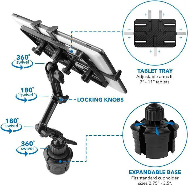 Alt view image 5 of 7 - Mount-It! Premium Cup Holder Tablet Mount for Cars, SUVs, Trucks - Commercial Vehicle Tablet ELD Mount, Heavy Duty Aluminum, Adjustable Full Motion Arms, Universal Holder Tray for iPad and Samsung