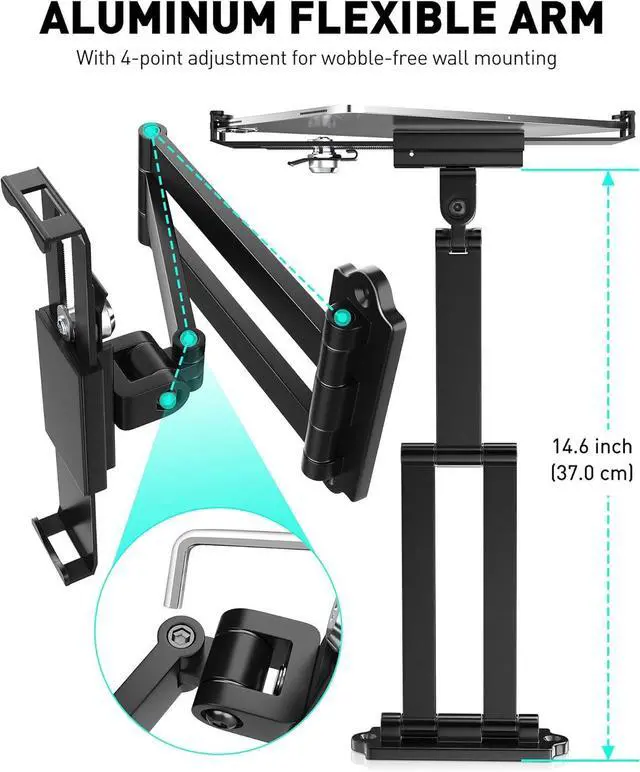 Alt view image 3 of 7 - Tablet Wall Mount - Fits 7 to 11 Inch Tablets Including iPad, Galaxy Tab, Slate, Fire and More -Anti Theft Security Lock and Key - Adjustable Long Arm Articulating Swivel Holder(Black)
