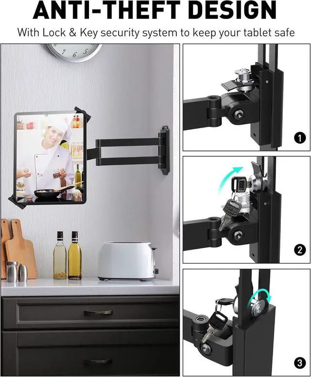 Alt view image 4 of 7 - Tablet Wall Mount - Fits 7 to 11 Inch Tablets Including iPad, Galaxy Tab, Slate, Fire and More -Anti Theft Security Lock and Key - Adjustable Long Arm Articulating Swivel Holder(Black)