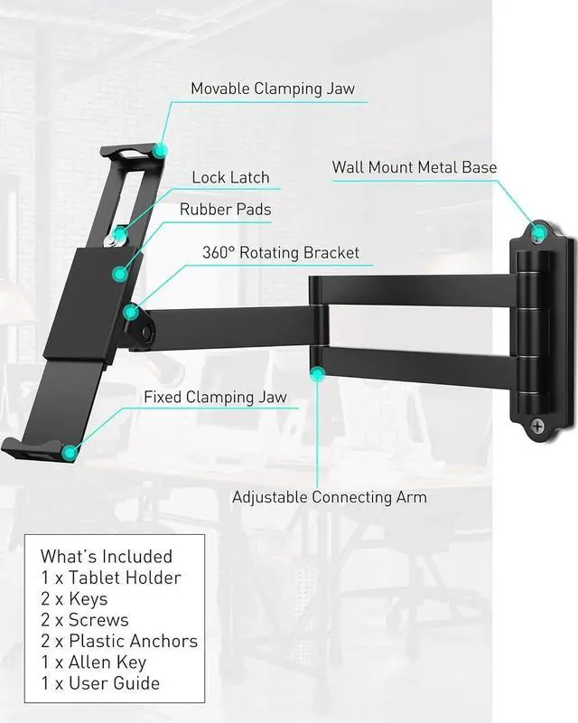 Alt view image 5 of 7 - Tablet Wall Mount - Fits 7 to 11 Inch Tablets Including iPad, Galaxy Tab, Slate, Fire and More -Anti Theft Security Lock and Key - Adjustable Long Arm Articulating Swivel Holder(Black)