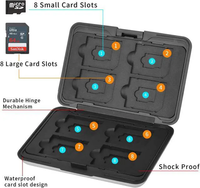 Alt view image 2 of 7 - Aluminum Shock Resistant Carrying Box Memory Card Storage Case Holder 8 Slots for SD SDHC MMC Micro SD TF Cards Silver