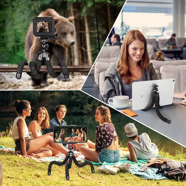 Alt view image 2 of 6 - Phone Tripod,Portable and Flexible Adjustable Cell Phone Stand Holder with Remote and Universal Clip for iPhone Android Phone Compact Digital Camera Sports Camera Black