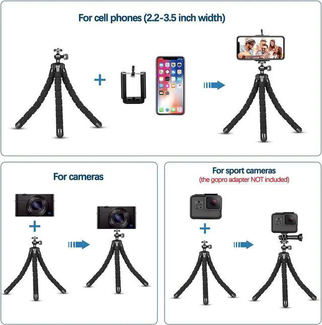 Alt view image 3 of 6 - Phone Tripod,Portable and Flexible Adjustable Cell Phone Stand Holder with Remote and Universal Clip for iPhone Android Phone Compact Digital Camera Sports Camera Black