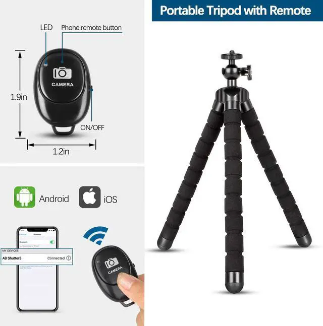 Alt view image 5 of 6 - Phone Tripod,Portable and Flexible Adjustable Cell Phone Stand Holder with Remote and Universal Clip for iPhone Android Phone Compact Digital Camera Sports Camera Black