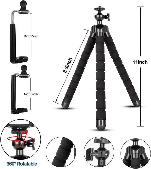 Alt view image 4 of 6 - Phone Tripod,Portable and Flexible Adjustable Cell Phone Stand Holder with Remote and Universal Clip for iPhone Android Phone Compact Digital Camera Sports Camera Black