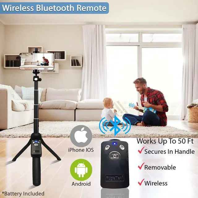 Alt view image 6 of 7 - Fugetek 42" Compact Selfie Stick & Tripod, Extendable, Wireless Bluetooth Remote, Lightweight Aluminum, Travel Ready, Compatible with iPhone 14 13 12 Pro Xs Max Xr X 8Plus 7 & Android