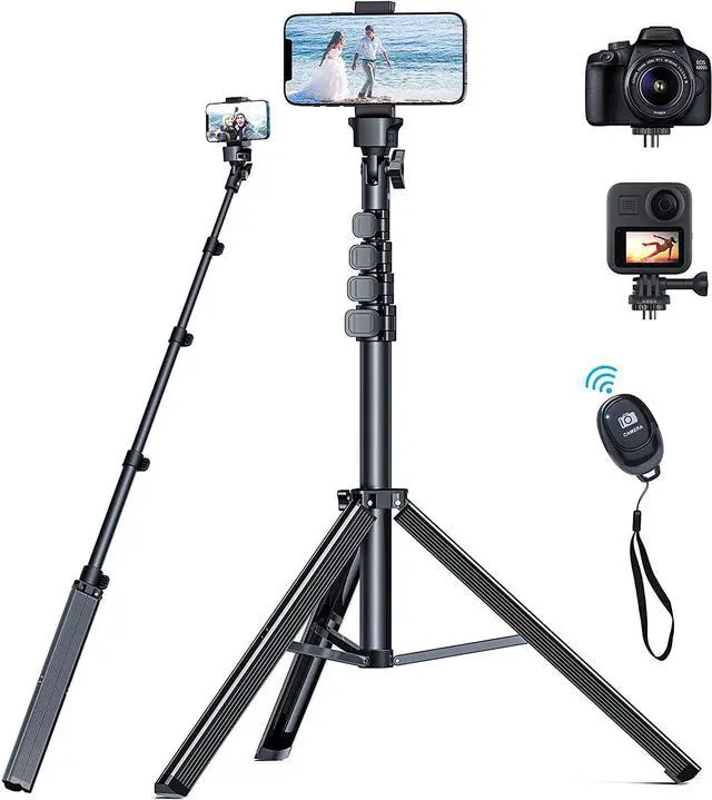 Main image of iPhone Tripod - 66" Stable & Tall Stand with Remote, Compatible with iPhone 16/15/14/13 Plus, Samsung S22, Camera, GoPro, Video Recording