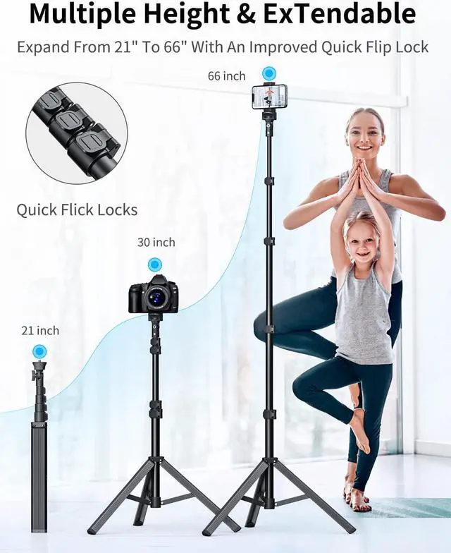 Alt view image 3 of 6 - iPhone Tripod - 66" Stable & Tall Stand with Remote, Compatible with iPhone 16/15/14/13 Plus, Samsung S22, Camera, GoPro, Video Recording
