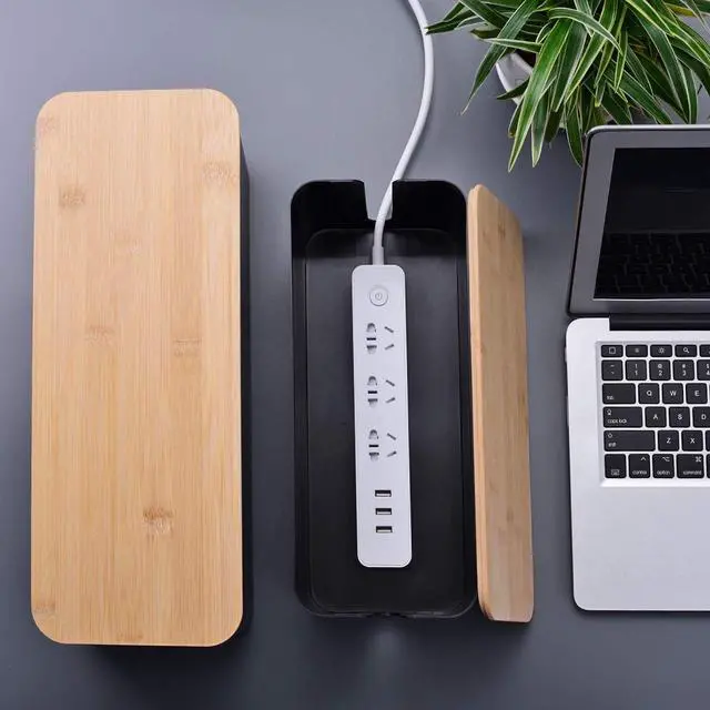 Alt view image 6 of 6 - 2 Pack Large Cable Management Box  Wooden Style Cord Organizer Box and Cover for TV Wires, Computer, Router, USB Hub and Under Desk Power Strip  Safe ABS Material and Baby-Pets Proof Lock (Black)