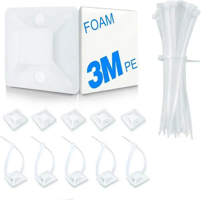 Main image of 100 Pack Zip Tie Mount With Cable Ties,Self Adhesive-backed Mounts For Wire Holder, White Cable Management Clips Wall Anchors