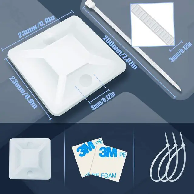 Alt view image 2 of 7 - 100 Pack Zip Tie Mount With Cable Ties,Self Adhesive-backed Mounts For Wire Holder, White Cable Management Clips Wall Anchors