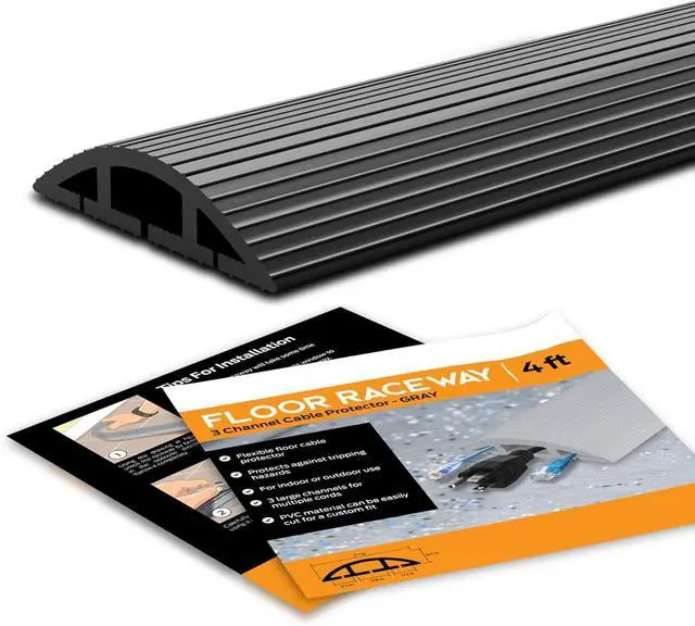Main image of 10-Foot Floor Cord Cover - Cable Management Kit for Indoor or Outdoor Use - 3-Channel Cable Raceway for Sidewalks or Walkways by Simple Cord (Black)