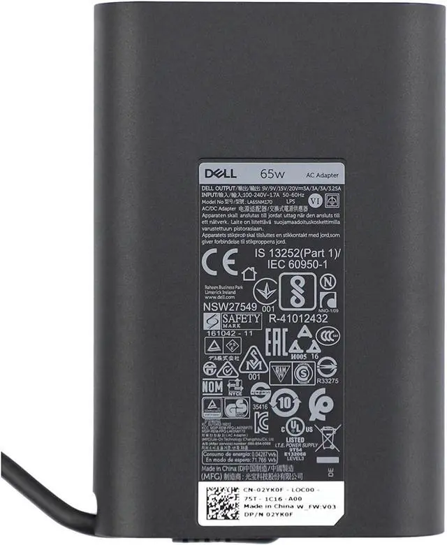 Alt view image 3 of 7 - FOR DELL Genuine Dell 65W 20V 3.25A USB C for Dell LA65NM170, 2YKOF, 02YKOF, Dell XPS 12 9250, Dell Latitude 12 7275, Dell Latitude 13 7370,