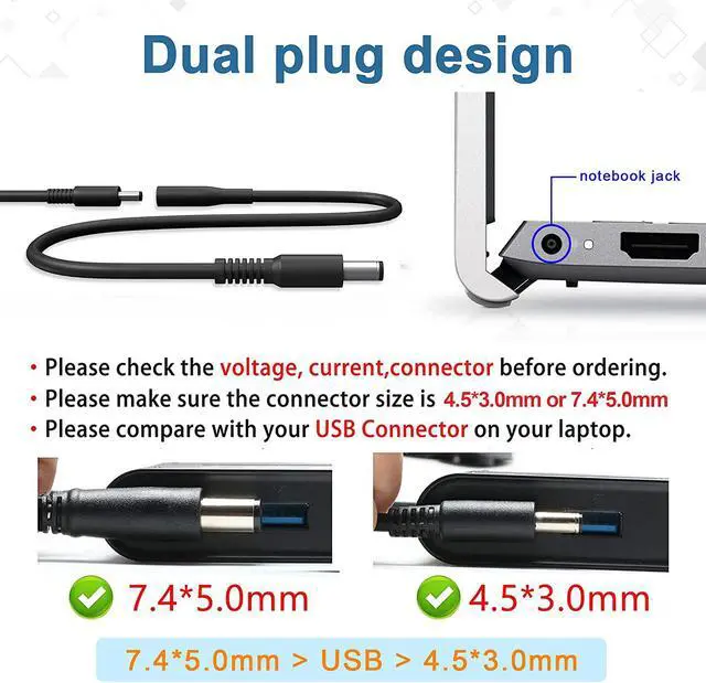 Alt view image 2 of 4 - 65W 45W Laptop Charger Compatible with Dell Inspiron 11-3000 13-5000 7000 15-3000 5000 7000 17-3000 5000 7000 5570 Inspiron 7000 5748 Latitude 7490 3510 XPS Series 5559 5758 5558 AC Adapter Power Cord