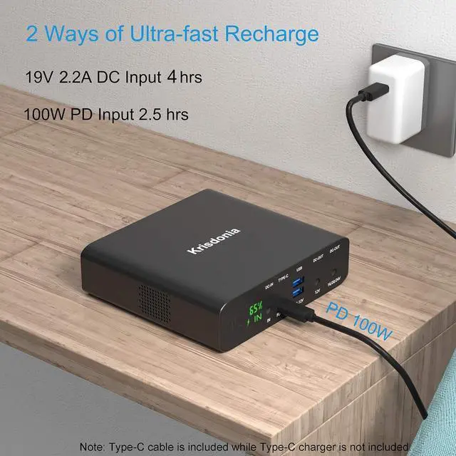 Alt view image 4 of 7 - Krisdonia Portable Laptop Charger 32000mAh 100W PD Power Bank, External Battery Pack with 1 USB-C PD3.0 Port, 2 DC Ports, 2 USB QC3.0 Ports for Laptops, Tablets, Smartphones and Other Devices
