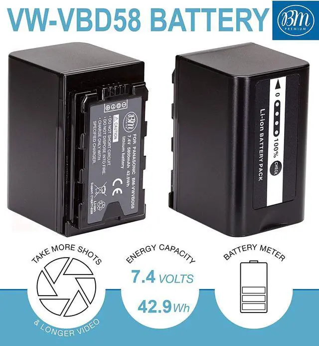 Alt view image 2 of 7 - 2 VW-VBD58 Batteries and Dual Bay Charger for Panasonic AG-VBR59, BGH1, HC-X1, HC-X1500, HC-X2000, AG-CX10, AG-CX350, AG-UX180, AG-AC30, AG-UX90, AG-DVX200, HC-MDH3E, AJ-PX270, AJ-PX230