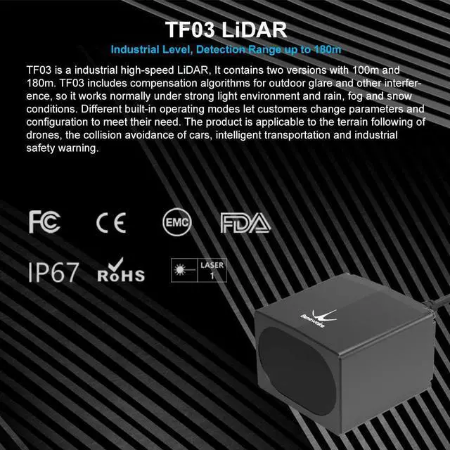 Alt view image 4 of 7 - youyeetoo TF03 Lidar Sensor 0.1-180m Distance Measurement Single-Point Ranging Module Compatible with Pixhawk and Raspberry Pi for Drone/Motion Detection/Robot