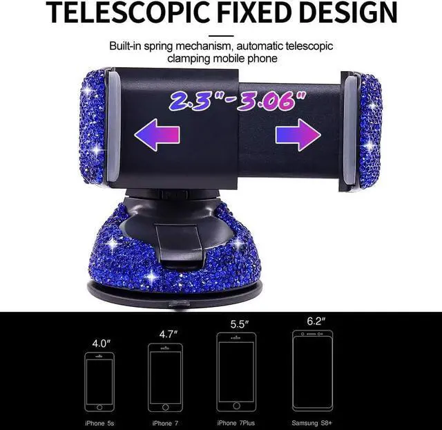Alt view image 3 of 7 - Bling Rhinestone Car Phone Holder Windshield Dashboard Mount Adjustable Phone Holder for Easy View GPS Screen Compatible with iPhone 5 6s 7 8s 9 10 SE(Blue)