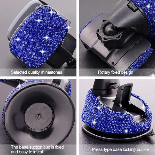 Alt view image 4 of 7 - Bling Rhinestone Car Phone Holder Windshield Dashboard Mount Adjustable Phone Holder for Easy View GPS Screen Compatible with iPhone 5 6s 7 8s 9 10 SE(Blue)