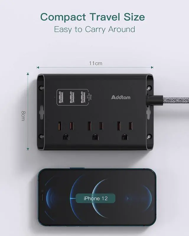 Alt view image 6 of 7 - Addtam Power Strip ETL Certificate Flat Plug Extension Cord with 3 USB Ports, 5 Feet Braided Cord, Desktop Small Travel Power Strip for Cruise Ship, Home, Office Black