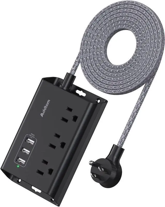 Main image of Addtam Power Strip ETL Certificate Flat Plug Extension Cord with 3 USB Ports, 5 Feet Braided Cord, Desktop Small Travel Power Strip for Cruise Ship, Home, Office Black