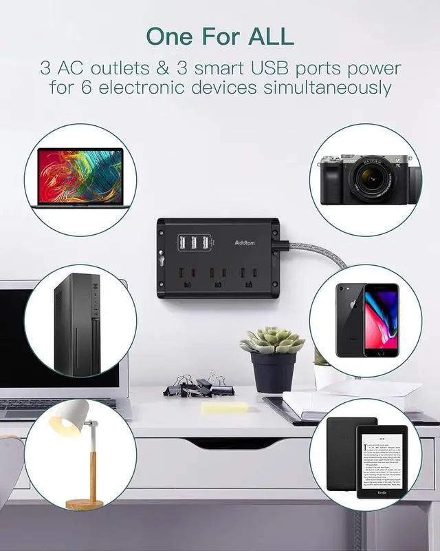 Alt view image 2 of 7 - Addtam Power Strip ETL Certificate Flat Plug Extension Cord with 3 USB Ports, 5 Feet Braided Cord, Desktop Small Travel Power Strip for Cruise Ship, Home, Office Black