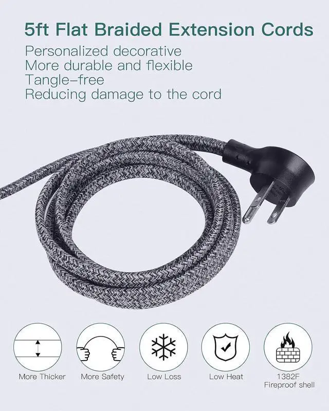Alt view image 5 of 7 - Addtam Power Strip ETL Certificate Flat Plug Extension Cord with 3 USB Ports, 5 Feet Braided Cord, Desktop Small Travel Power Strip for Cruise Ship, Home, Office Black