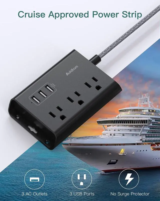 Alt view image 7 of 7 - Addtam Power Strip ETL Certificate Flat Plug Extension Cord with 3 USB Ports, 5 Feet Braided Cord, Desktop Small Travel Power Strip for Cruise Ship, Home, Office Black