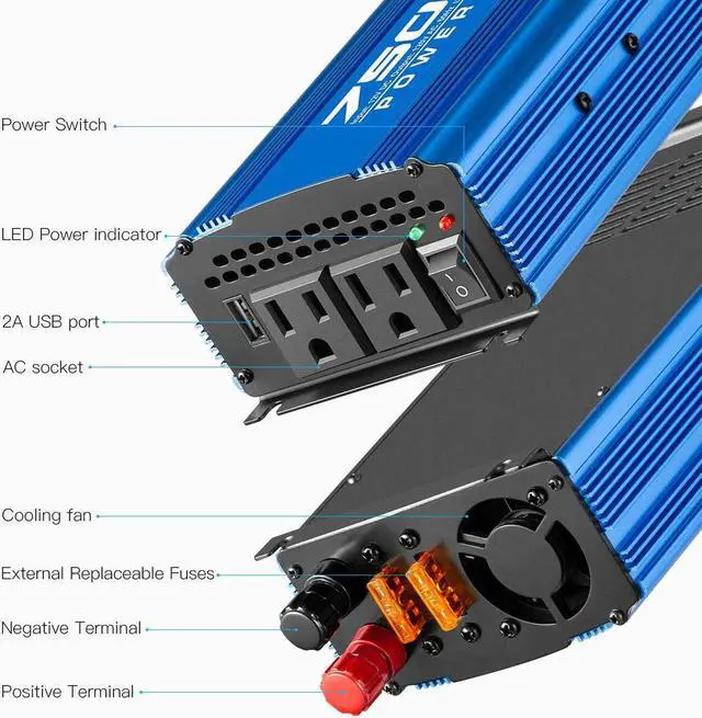 Alt view image 3 of 7 - 750W Continuous/1500W Peak Power Inverter DC 12V to 110V Car Converter AC with 2 AC Outlets and 2A USB Charging Port