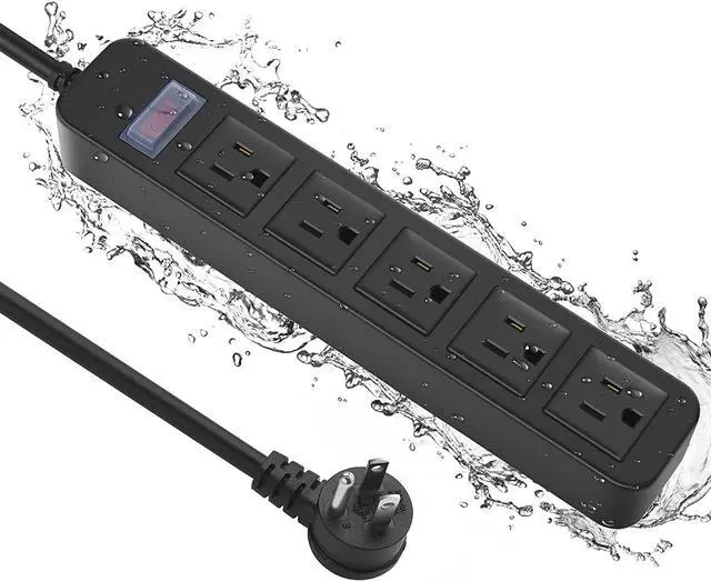 Main image of Outdoor Power Strip Waterproof with 5 Outlets, Garden Weatherproof Surge Protector, Christmas Multiple Outlet Exterior Socket for Lighting Appliances. 10FT Extension Cord Strip with Flat Plug. Black