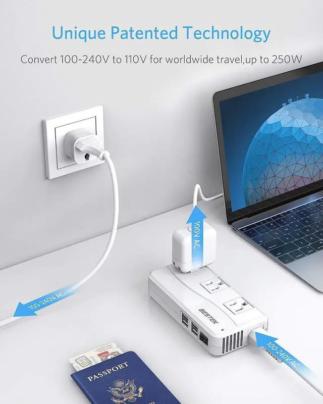 Alt view image 3 of 7 - BESTEK International Power Adapter 250W, 220V to 110V Step Down Travel Voltage Converter with 4-Port USB Including US/AU/EU/UK//India/South Africa Plug Adapter (White)