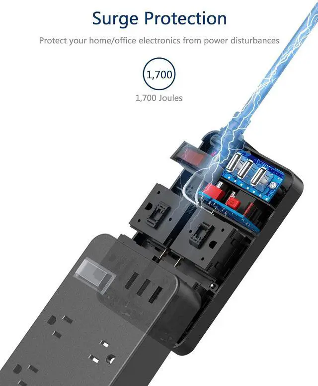 Alt view image 4 of 7 - Outdoor Power Strip Weatherproof,Waterproof Surge Protector with 4 Outlets,3 USB,Shockproof Overload Protection, Multi Outlet Extension for Camping, Garden, Kitchen, Bathroom, 6ft Cord,with Flat Plug