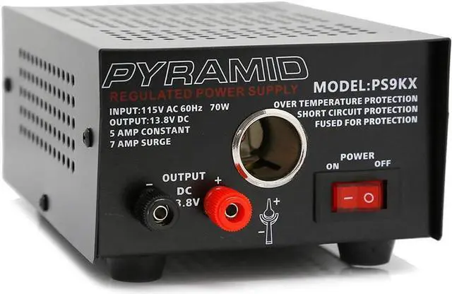 Main image of Pyramid PS9KX Universal Compact Bench Power Supply-5 Amp Linear Regulated Home Lab Benchtop Converter w/ 13.8 Volt DC 115V AC 70 Watt Input, Screw Type Terminal, 12V Car Cigarette Lighter