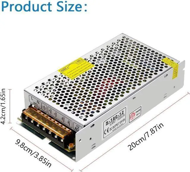 Alt view image 2 of 7 - SHNITPWR 12V 15A 180W Power Supply Adapter 110V / 220V AC to DC Universal Regulated Switching Power Converter Transformer LED Driver for LED Light Strip 3D Printer CCTV Security System LCD Monitor