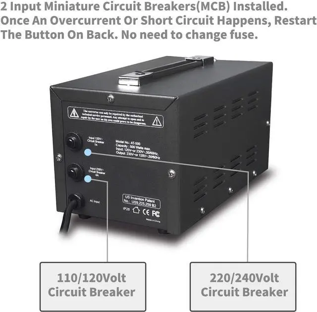 Alt view image 5 of 6 - SEYAS 500W Auto Step Up & Step Down Voltage Transformer Converter, 110-120 to 220-240 Volts, Soft Start & Full Load, 7x24hrs Continous Run, Circuit Breaker Protection, U.S. Patent No. US9225259 B2
