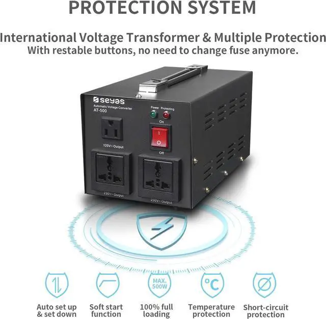 Alt view image 6 of 6 - SEYAS 500W Auto Step Up & Step Down Voltage Transformer Converter, 110-120 to 220-240 Volts, Soft Start & Full Load, 7x24hrs Continous Run, Circuit Breaker Protection, U.S. Patent No. US9225259 B2