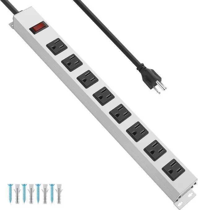Main image of JUNNUJ Metal 8 Outlet Power Strip, Mountable Heavy Duty Power Strip, 1200J Surge Protector Wall Mount Screws Outlet with Switch, Gaming Desk Strips Wide Spaced 15A 125V 1875W, 6 FT 14AWG Power Cord