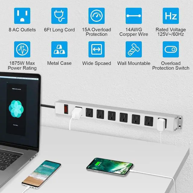 Alt view image 3 of 7 - JUNNUJ Metal 8 Outlet Power Strip, Mountable Heavy Duty Power Strip, 1200J Surge Protector Wall Mount Screws Outlet with Switch, Gaming Desk Strips Wide Spaced 15A 125V 1875W, 6 FT 14AWG Power Cord