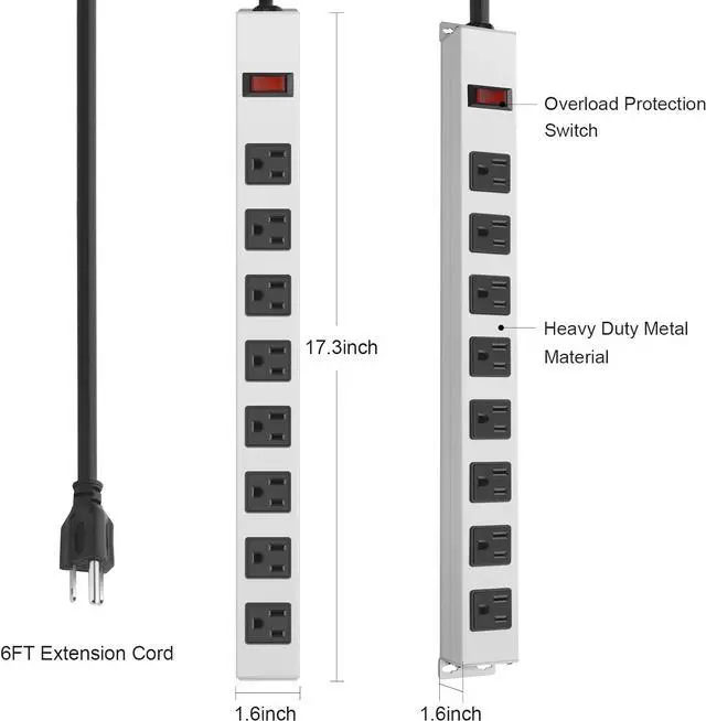 Alt view image 6 of 7 - JUNNUJ Metal 8 Outlet Power Strip, Mountable Heavy Duty Power Strip, 1200J Surge Protector Wall Mount Screws Outlet with Switch, Gaming Desk Strips Wide Spaced 15A 125V 1875W, 6 FT 14AWG Power Cord