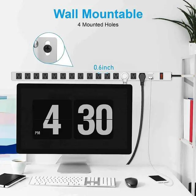 Alt view image 4 of 7 - JUNNUJ Metal Long 16 Outlet Surge Protector Power Strip, White, 6 FT | Plug Extender with Heavy Duty Extension Cord, Wall Mount, Wide Spaced, with Switch, ETL Listed