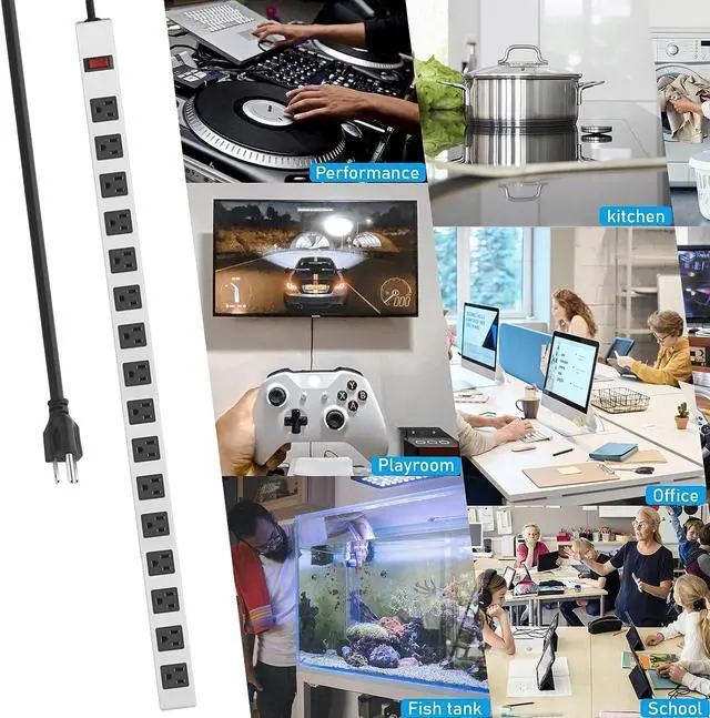 Alt view image 6 of 7 - JUNNUJ Metal Long 16 Outlet Surge Protector Power Strip, White, 6 FT | Plug Extender with Heavy Duty Extension Cord, Wall Mount, Wide Spaced, with Switch, ETL Listed