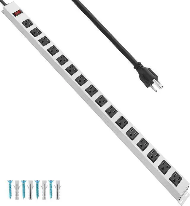 Main image of JUNNUJ Metal Long 16 Outlet Surge Protector Power Strip, White, 6 FT | Plug Extender with Heavy Duty Extension Cord, Wall Mount, Wide Spaced, with Switch, ETL Listed