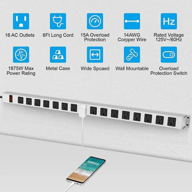 Alt view image 2 of 7 - JUNNUJ Metal Long 16 Outlet Surge Protector Power Strip, White, 6 FT | Plug Extender with Heavy Duty Extension Cord, Wall Mount, Wide Spaced, with Switch, ETL Listed