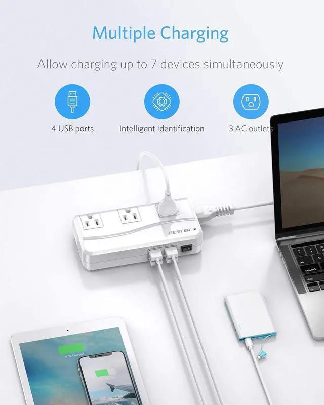 Alt view image 3 of 7 - BESTEK Universal Travel Adapter, Worldwide Plug Adapter 110-220V to 110V Voltage Converter 250W with 6A 4-Port USB Charging 3 AC Sockets and EU/UK/AU/US/in/IT International Outlet Adapter