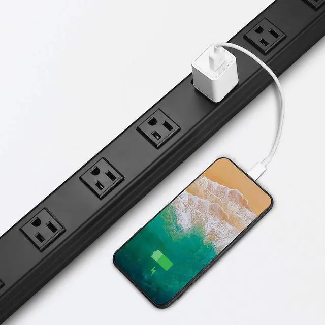 Alt view image 7 of 7 - Long Heavy Duty 16 Outlet Large Metal Garage Workshop Multi Wide Industrial Power Strip. 6FT Cord 15A, 125V, 1875W (Black)