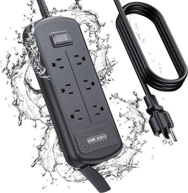 Main image of Surge Protector Power Strip 10ft Long Extension Cord, Indoor Outdoor Waterproof 6 Outlets 3 USB Ports, Wall Mountable, Safe for Desktop Home Office Patio, Dorm Room Essentials, Black