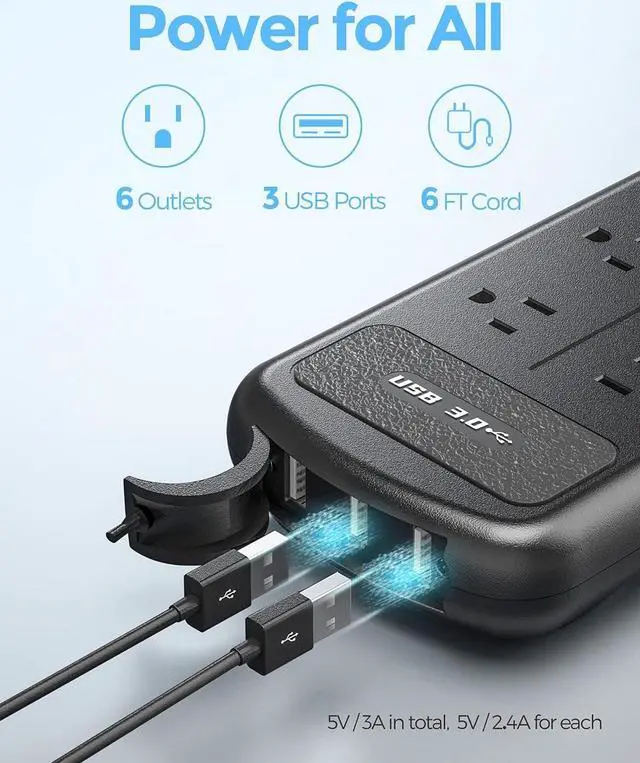 Alt view image 2 of 7 - USB Outdoor Power Strip Weatherproof, Waterproof Surge Protector with 3 USB Ports and 6 Outlets, 6 FT Extension Cord, Shockproof Overload Protection, Mountable for Home Office Patio Porch